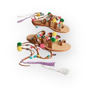 VHTF: new Mystique x Anthro 𖦹 Tokyo Pom Pom Ankle Wrap Toe Loop Leather Sandal